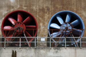 Red and blue metal fans.